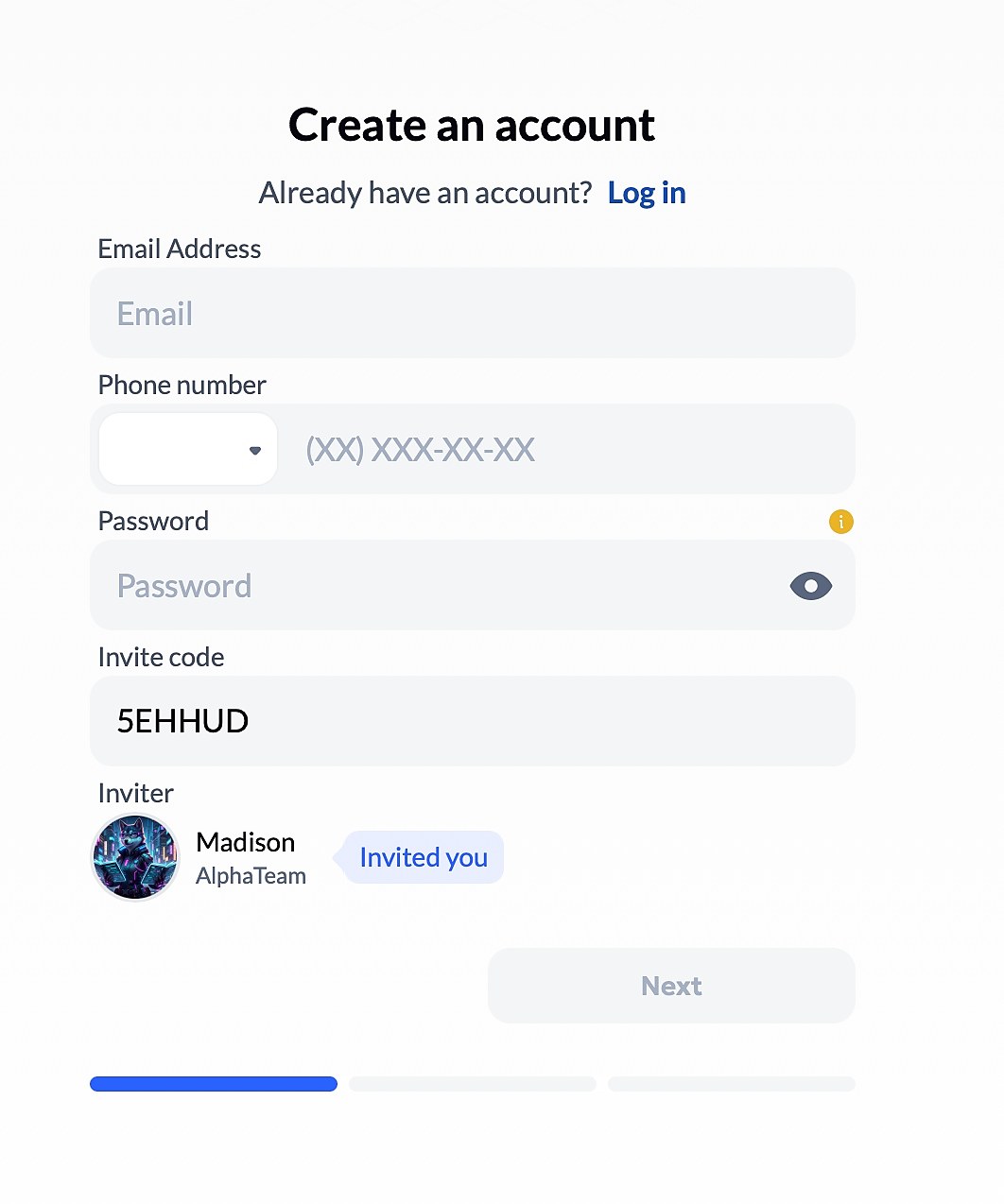 Aurum sign-up form showing invite code 5EHHUD and Madison / AlphaTeam as inviter